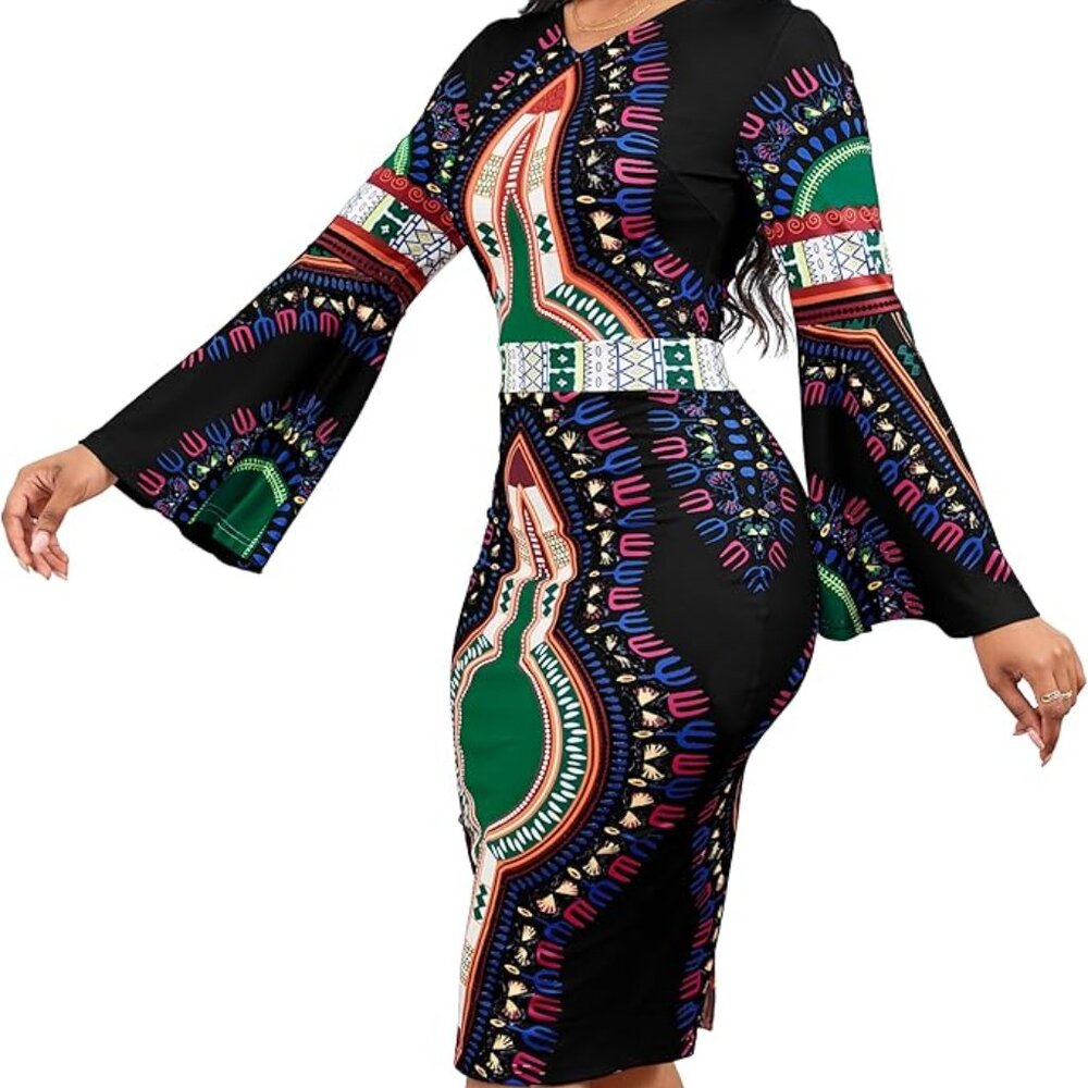 BRAND NEW Women Sexy Dresses Bodycon Church 3/4 Sleeve African Print